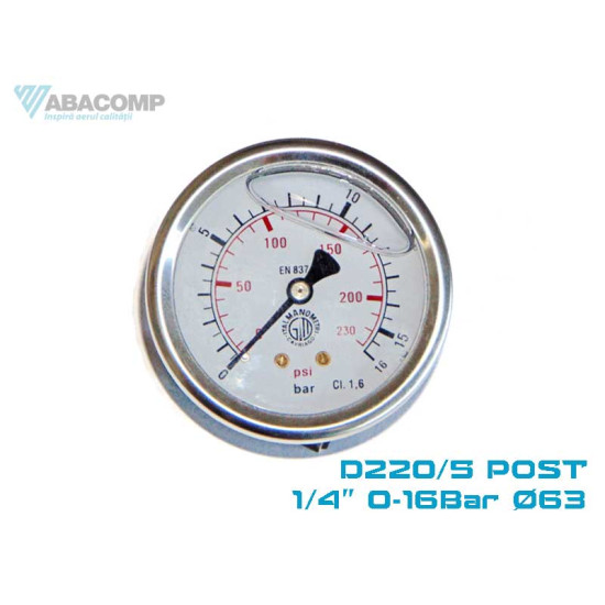 MANOMETRU CU GLICERINA POST. D63 1/4 0-16BAR D220/5 VEPA